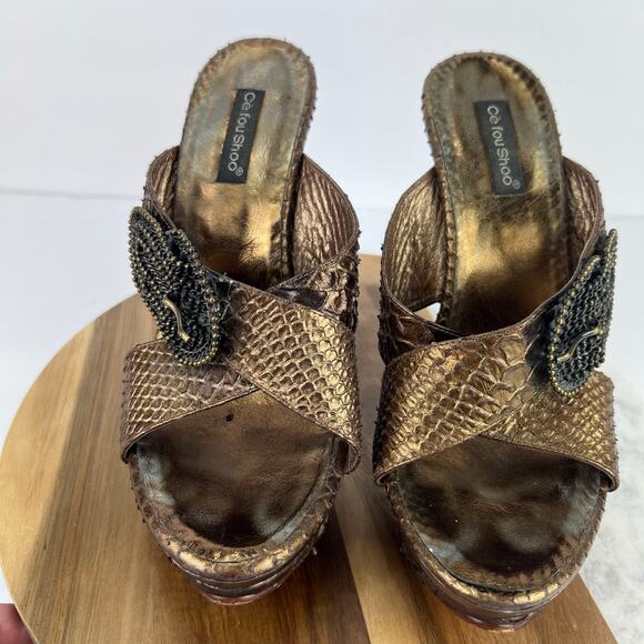 CE FOU SHOO BRONZE Leather Slip On Metal Buckle Platform HIGH HEEL Size 9 - Picture 7 of 11